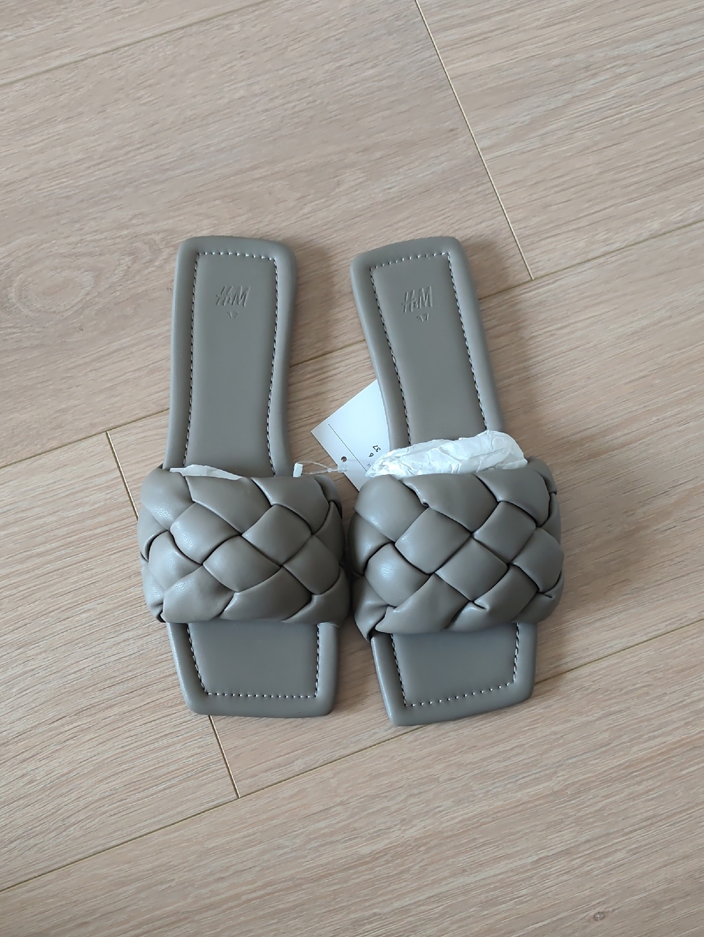 H&M Gray Braided Square-Toe Slide Sandals